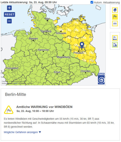 Ausschnitt der Warnkarte des Deutschen Wetterdienstes vom 23. August 2025 um 09:59 Uhr. (Quelle:DWD)