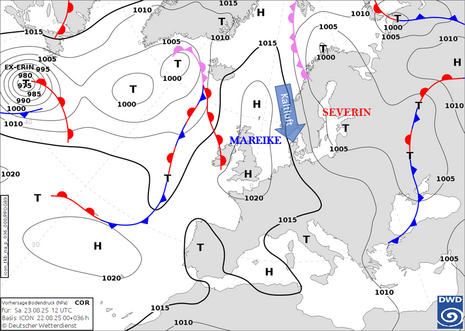 DWD-Vorhersagekarte für den Bodendruck und die Luftmassengrenzen im Bereich von Europa und dem Nordostatlantik für Samstag, den 23. August 2025, 14 Uhr MESZ auf Basis des ICON-Modelllaufs vom 22. August 2025, 00 UTC. (Quelle:DWD)