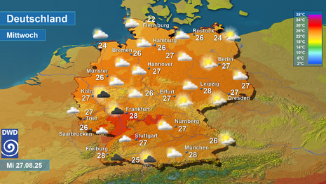 Tageshöchstwerte und Wetter am Mittwoch, den 27.08.2025