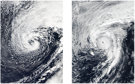 Satellitenbild von ALEX als außertropische Zyklone am 10.01.2016 (links) und als Hurrikan am 14.01.2016 (rechts)