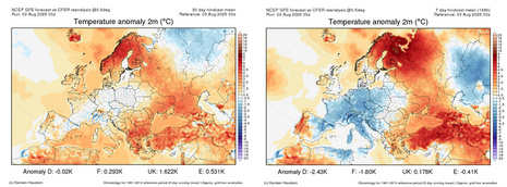 Anomalien der 2m-Temperatur in den vergangenen 30 bzw. 7 Tagen über Europa. (Quelle:www.karstenhaustein.com/climate)
