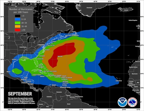 Diese Grafik zeigt die Anzahl der Hurrikans innerhalb von 100 Jahren auf dem Atlantik im Monat September. (Quelle: NOAA)