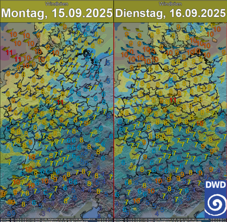Prognostizierte maximale Böen am 15. und 16.09.2025. MOS-Daten.