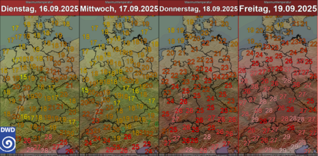 Prognostizierte Temperaturmaxima vom 16.09. bis 19.09.2025. MOS-Daten.