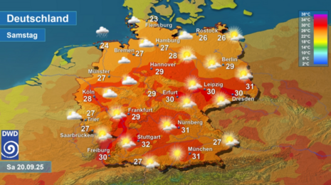 Wettervorhersage sowie Vorhersage der Tageshöchsttemperaturen in Deutschland am Samstag, den 20.09.2025