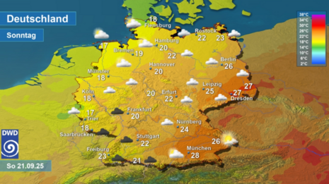 Wettervorhersage sowie Vorhersage der Tageshöchsttemperaturen in Deutschland am Sonntag, den 21.09.2025