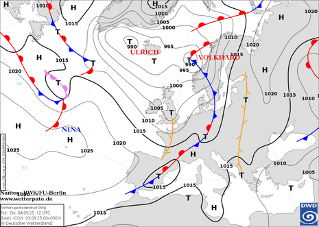 DWD-Vorhersagekarte für den Bodendruck und die Luftmassengrenzen im Bereich von Europa und dem Nordostatlantik für Donnerstag, den 04. September 2025, 12 UTC auf Basis des ICON-Modelllaufs vom 03. September 2025, 00 UTC.