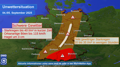 Schematische Darstellung der bevorstehenden Unwettersituation durch schwere Gewitter (rotes Polygon) im Süden Deutschlands und gewittrigem Starkregen vom Südwesten bis in den Nordosten (oranges Polygon) von Donnerstag, den 04. September 2025.