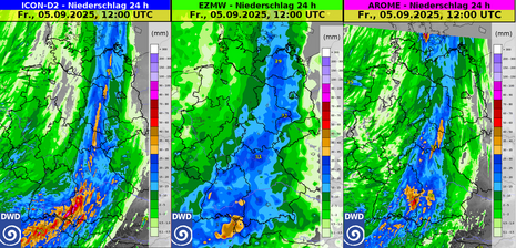 Vorhersage der 24-stündigen Niederschlagsmengen bis Freitag, den 05. September 2025, 12 UTC für die Wettermodelle ICON-D2 (links), IFS (Mitte) und AROME (rechts).