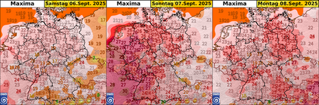 Höchsttemperaturen von links für Samstag, Sonntag und Montag mit Werten bis 29 Grad am Sonntag im Südwesten und Westen. (Quelle:DWD)
