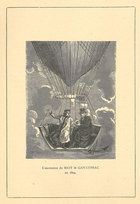 Illustration der Ballonfahrt von Gay-Lussac und Biot, 1899, Quelle: Travailleurs et hommes utiles, Librairie nationale d'Education et de Récréation & imprimerie, Eugène Ardant (1810-1885), Limoges, Frankreich, über Wikimedia Commons