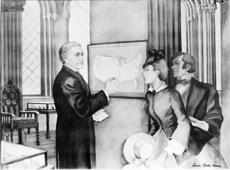 Vorsitzender Henry hängt im Smithsonian-Gebäude eine tägliche Wetterkarte aus, 1858, Ölgemälde von Louise Rochon Hoover (1898-1976), 1933, Auftrag der Smithsonian Institution für die Ausstellung „Century of Progress“ in Chicago, Quelle: Smithsonian Science Education Center über Smithsonian Institution Archive