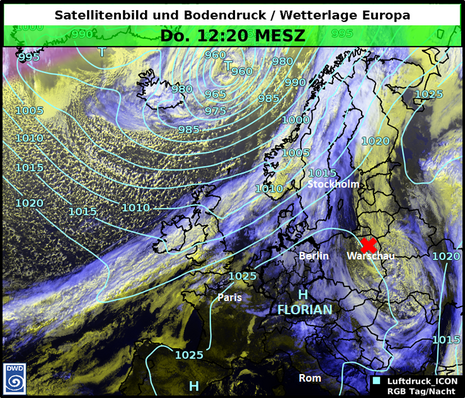 Abbildung 1: Satellitenbild und Bodendruck (Linien in hPa) am heutigen Donnerstag, 15.10.2026, 12 UTC (14 MESZ)