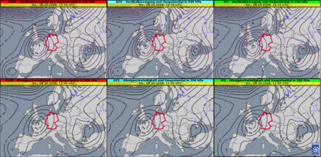 Vorhersage Höhenwetterkarte mit den Geopotentiallinien auf 500 hPa (oben) und 300 hPa (unten), von links nach rechts: ICON, GFS, IFS, für Sonntag, 18.10.2026, 12 UTC. Quelle: Deutscher Wetterdienst
