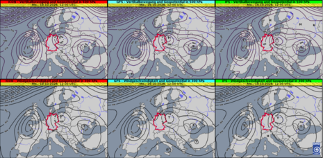 Vorhersage Höhenwetterkarte mit den Geopotentiallinien auf 500 hPa (oben) und 300 hPa (unten), von links nach rechts: ICON, GFS, IFS, für Montag, 19.10.2026, 12 UTC. Quelle: Deutscher Wetterdienst