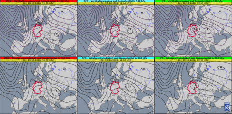 Vorhersage Höhenwetterkarte mit den Geopotentiallinien auf 500 hPa (oben) und 300 hPa (unten), von links nach rechts: ICON, GFS, IFS, für Dienstag, 20.10.2026, 12 UTC. Quelle: Deutscher Wetterdienst