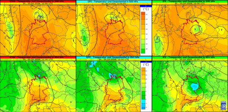 Vorhersage Geopotentiallinien und Temperatur auf 500 hPa (oben) und 850 hPa (unten), von links nach rechts: ICON, GFS, IFS, für Dienstag, 20.10.2026 12 UTC. Quelle: Deutscher Wetterdienst