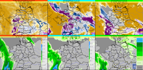 Vorhersage für Wolken und Niederschlag/Wetter für Dienstag, 20.10.2026 12 UTC, von links nach rechts: ICON, GFS, IFS. Quelle: Deutscher Wetterdienst