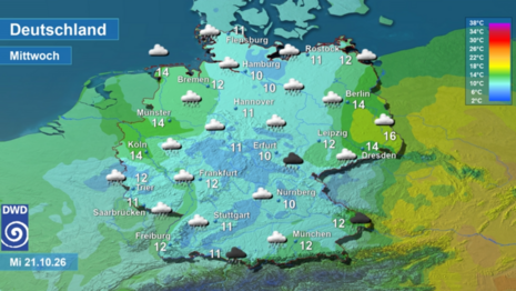 Wettervorhersage sowie Vorhersage der Tageshöchsttemperaturen in Deutschland am morgigen Mittwoch, den 21.10.2026