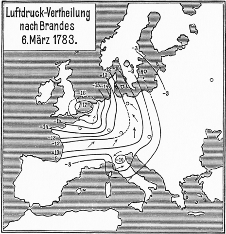 Erste Wetterkarte von Heinrich Wilhelm Brandes, Quelle: José Miguel Viñas, Calendario Meteorológico 2015, Divulgameteo, Madrid, über AEMET (Agencia Estatal de Meteorología).