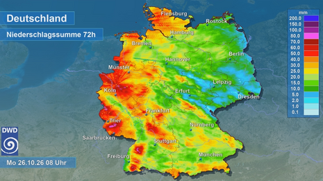 Radarbasierte 72h-Niederschlagssummen in Deutschland bis Montag, den 26. Oktober 2026, 08 Uhr.