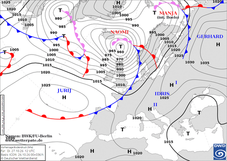 DWD-Vorhersagekarte für den Bodendruck und die Luftmassengrenzen im Bereich von Europa und dem Nordostatlantik für Dienstag, den 27. Oktober 2026, 12 UTC auf Basis des ICON-Modelllaufs vom 26. Oktober 2026, 00 UTC.