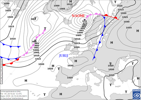 DWD-Vorhersagekarte für den Bodendruck und die Luftmassengrenzen im Bereich von Europa und dem Nordostatlantik für Mittwoch, den 28. Oktober 2026, 12 UTC auf Basis des ICON-Modelllaufs vom 26. Oktober 2026, 00 UTC.
