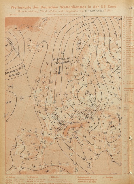 Wetterkarte des Deutschen Wetterdienstes am Tag seiner Gründung am 11. November 1952. Quelle: Deutscher Wetterdienst