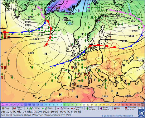 Vorhersage Bodenwetterkarte für Mittwoch, 07.10.2026, 12 UTC (60-stündige Vorhersage vom 05.10.2026, 00 UTC)