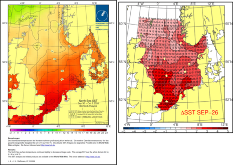 Aktuelle Meeresoberflächentemperaturen über der Nordsee und Anomalien der durchschnittlichen Wassertemperaturen im September 2026.