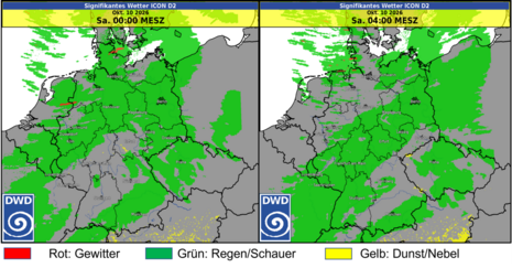 Prognose des signifikanten Wetters des ICON D2 Modells für den 10.10.2026 00 und 04 Uhr MESZ (Modell-Run: 09.10.2026 09 UTC).