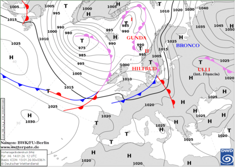 Bodenanalyse mit Fronten und Luftdruck, Mittwoch den 14.01.2026 12 UTC.