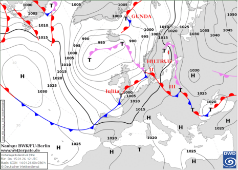 Bodenanalyse mit Fronten und Luftdruck, Donnerstag den 15.01.2026 12 UTC.