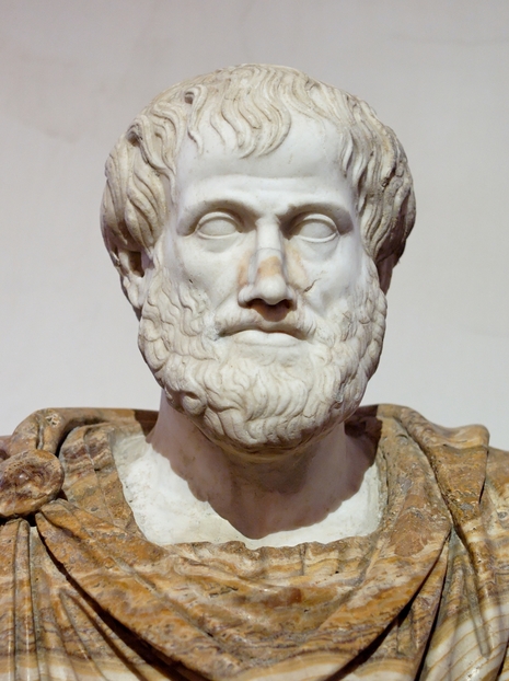Portrait von Aristoteles, römische Kopie einer Bronzeskulptur von Lysippos (330 v. Chr.) mit modernem Alabaster-Mantel, Museo Nazionale Romano, Rom, Quelle: Jastrow über Wikimedia Commons