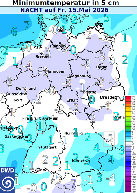 Minimumtemperatur in 5 cm über dem Boden für die Nacht zum Freitag, den 15. Mai 2026. (Quelle: DWD)