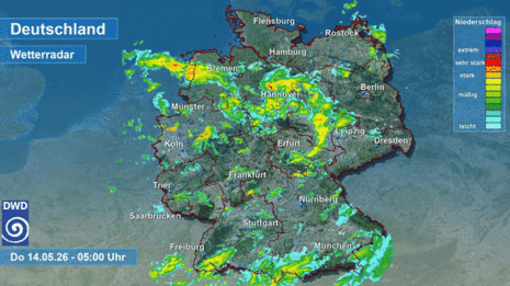 Animation des Wetterradars in Deutschland von Donnerstag, dem 14. Mai zwischen 4 und 12 Uhr. (Quelle: DWD)