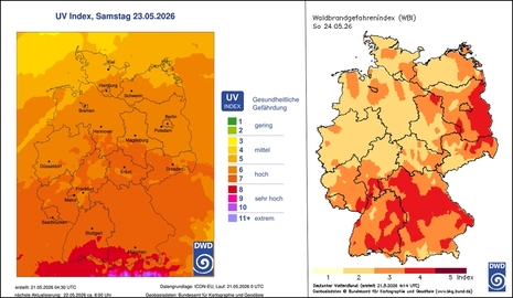 Prognose verschiedener Gefahrenindizes. Links: UV-Index für Samstag, 23.05.2026. Rechts: Waldbrandgefahrenindex für Pfingstsonntag, 24.05.2026.