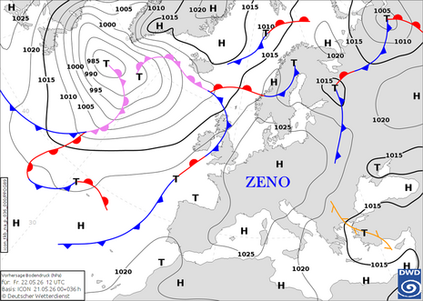 DWD-Vorhersagekarte für den Bodendruck und die Luftmassengrenzen im Bereich von Europa und dem Nordostatlantik für Freitag, den 22. Mai 2026, 12 UTC auf Basis des ICON-Modelllaufs vom 21. Mai 2026, 00 UTC.
