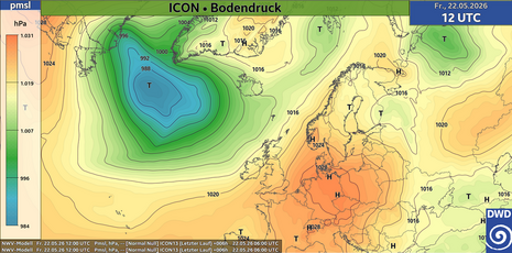 Vorhersage der Bodendruckverteilung für Freitag, den 22. Mai 2026, 12 UTC auf Basis des ICON-Modelllaufs vom 22. Mai 2026, 06 UTC.