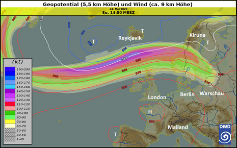 Geopotential in 500 hPa (ca. 5,5 km Höhe, Linien) sowie Wind in 300 hPa (ca. 9 km Höhe, Flächen).