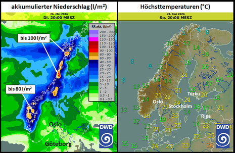 Akkumulierter Niederschlag in Teilen Skandinaviens bis zum Dienstag, 26.05.2026, abends (links) sowie erwartete Höchsttemperaturen am morgigen Sonntag, 24.05.2026 (rechts).