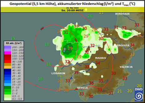 Geopotential in 500 hPa (ca. 5,5 km Höhe, Linien), akkumulierter Niederschlag bis Sonntag, 24.05.2026, abends (Flächen) sowie erwartete Höchsttemperaturen (Zahlenwerte).