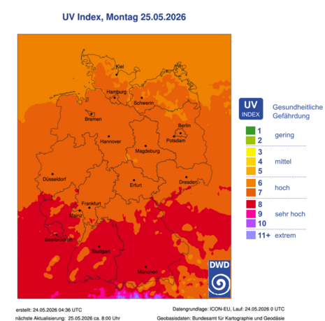 UV-Index sowie die potentielle gesundheitliche Gefährdung für Montag, 25.05.2026 mit sehr hohen Indexwerten von 8 in der Südhälfte. (Quelle: DWD)