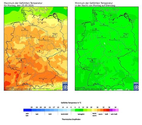 Thermische Empfinden bzw. prognostizierte, gefühlte Temperatur für Montag, 25.05.2026 tagsüber (links) und nachts (rechts) mit den höchsten Werten im Südwesten. (Quelle: DWD)