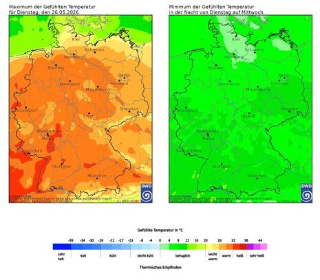 Thermische Empfinden bzw. prognostizierte, gefühlte Temperatur für Dienstag, 26.05.2026 tagsüber (links) und nachts (rechts) mit den höchsten Werten im Südwesten. (Quelle: DWD)