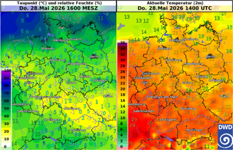 Abb. 1: links: Taupunkt (°C, Zahlenwerte) und relative Luftfeuchtigkeit (%, Farbflächen), rechts: Temperatur (°C) in 2 m Höhe (Zahlenwerte und Farbflächen), jeweils gemessen am Donnerstag, 28.05.2026, um 16 Uhr (MESZ). Quelle: DWD