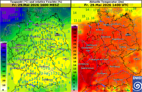 Abb. 2: links: Taupunkt (°C, Zahlenwerte) und relative Luftfeuchtigkeit (%, Farbflächen), rechts: Temperatur (°C) in 2 m Höhe (Zahlenwerte und Farbflächen), jeweils vorhergesagt aus MOSMIX für Freitag, 29.05.2026, um 16 Uhr (MESZ). Quelle: DWD