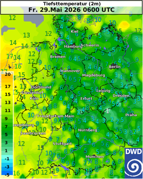 Abb. 3: Gemessene Tiefstwerte der Temperatur am Freitag, 29.06.2026 (Quelle: DWD)