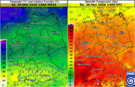 Abb. 4: wie Abb. 2, nur für Samstag, 30.05.2026, um 16 Uhr (MESZ). Quelle: DWD