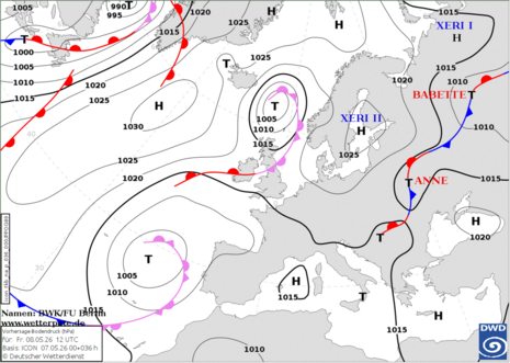 Bodenanalyse mit Fronten und Luftdruck, Freitag den 08.05.2026 12 UTC.